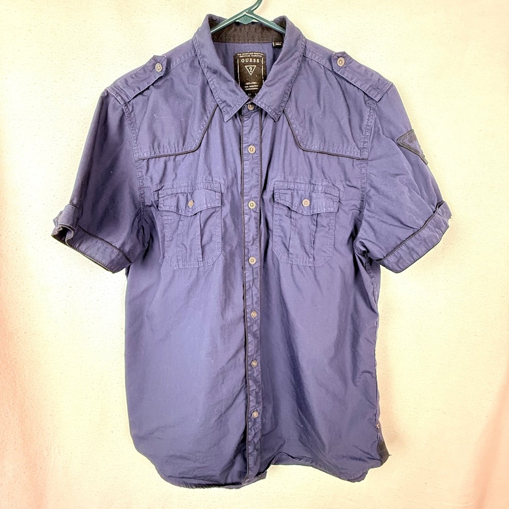 GUESS Button Up Mens L Blue Short Sleeve Utility Western Epaulette Shirt